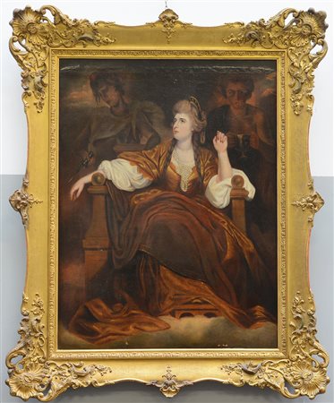 Ignoto "Donna su trono con figure allegoriche" olio su tela (cm 100x77) in...