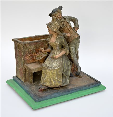 Manifattura del secolo XX "Scena galante" Gruppo in terracotta policroma (h...