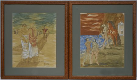 Firma indecifrata. Coppia di tecniche miste dall'opera di De Chirico. Firmati...