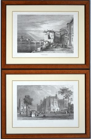 Coppia di riproduzioni raffiguranti paesaggi con edifici (cm tot 48x62) in...
