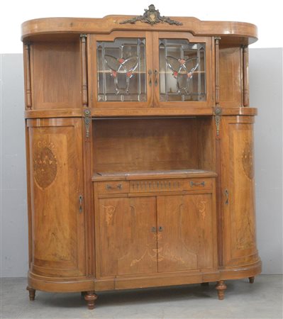 Buffet filettato e decorato con intarsi floreali, piano centrato da marmo...