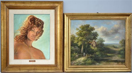 Lotto di due dipinti ad olio su tela raffiguranti un paesaggio e un ritratto...