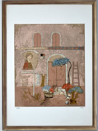 G. Bettis "La scala" serigrafia e affresco su cartoncino (cm 70x50) firmato...