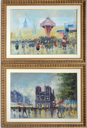 A. Zaccartella Coppia di dipinti ad olio raffiguranti scorci di Parigi (cm...