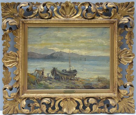 Federico Maragliano (Genova 1873 - 1952) "Litorale con barca" olio su tela...