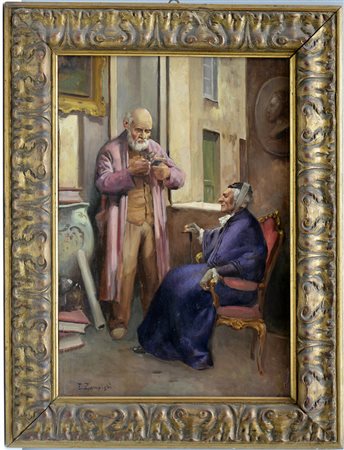 E. Zampighi "L'antiquario" olio su tavola (cm 34,5x50) Firmato in basso a...