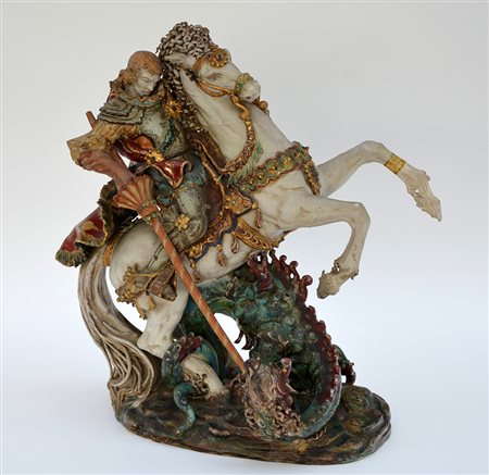 Eugenio Pattarino (1885 - 1971) (Attr.) "San Giorgio e il drago" scultura in...