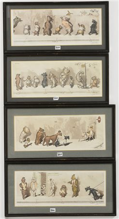 Gruppo di quattro acqueforti a colori raffiguranti scene umoristiche con cani...