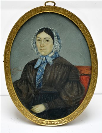 Firma indecifrata "Ritratto di donna 1945" miniatura ovale su avorio (cm 10x7,5)