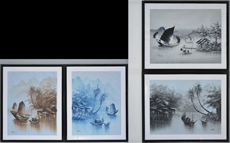 Ignoto "Paesaggi lacustri" lotto di quattro dipinti ad olio, in cornici