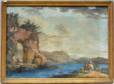 Scuola veneta della fine del secolo XVIII "Paesaggio fluviale con viandanti"...