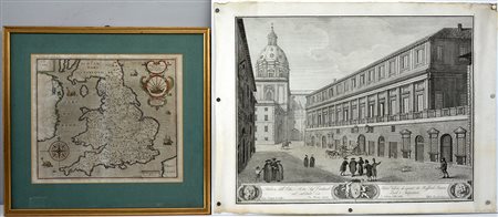 Due incisioni di epoche diverse raffiguranti l'Inghilterra e uno scorcio di...