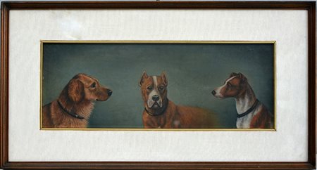 Scuola del secolo XIX "Cani" olio su tela (cm 18x40) In cornice