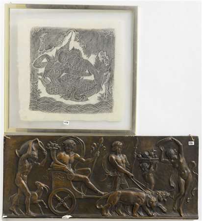 Lotto composto da un pannello in gesso e un dipinto su carta di riso (difetti)