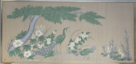 Ignoto "Uccelli in un paesaggio" dipinto su seta (cm 77x170) in cornice