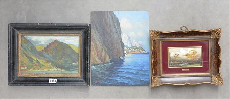 Lotto composto da tre piccoli dipinti a olio raffiguranti paesaggi, di autori...