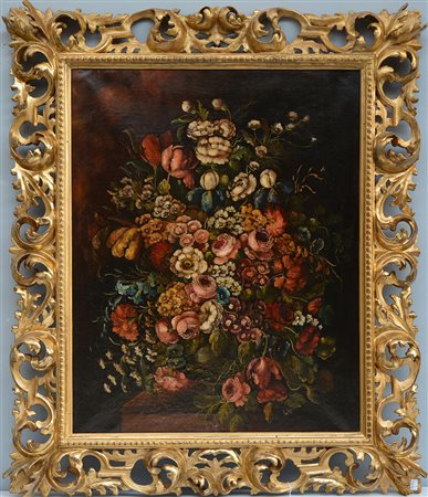 Firma indecifrata "Vaso con fiori" olio su tela (cm 75x60) Firmato in basso a...