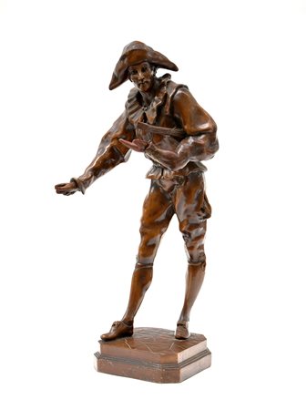 Scultura in legno raffigurante un menestrello (h. cm 68) (difetti e restauri)