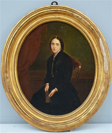 Artista del secolo XIX, "Ritratto di signora" olio su tavola ovale (cm...
