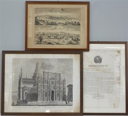 Lotto composto da una stampa raffigurante la Certosa di Pavia, una...
