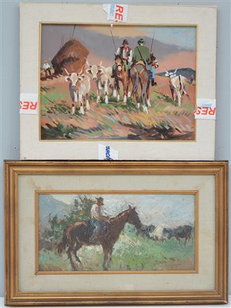 Lotto di due dipinti ad olio raffiguranti mandriani, di autori e misure...