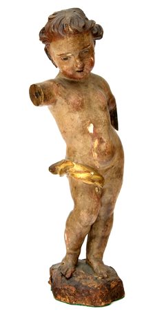 Arte del secolo XVIII. Scultura in legno policromo raffigurante un putto (h....