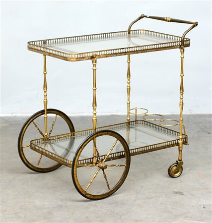 Carrello porta vivande in ottone a due ripiani in vetro (difetti)