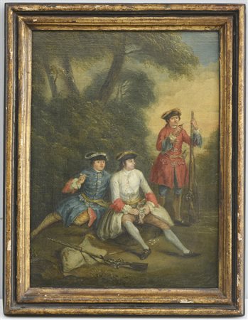 Scuola europea del secolo XVIII "Riposo durante la caccia" olio su tela (cm...