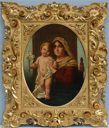 A. Merighi da Fontana "Madonna con Bambino" olio su tela (cm 65x50) Iscritto...