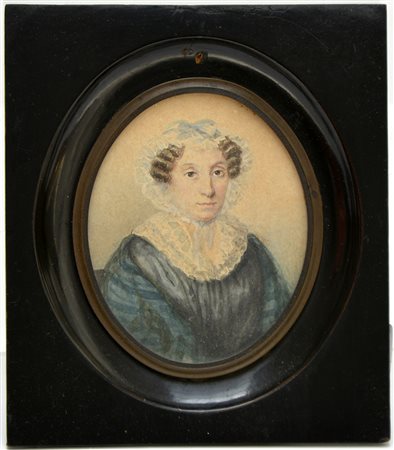 Scuola del secolo XIX "Ritratto di gentildonna" acquerello ovale su carta (cm...