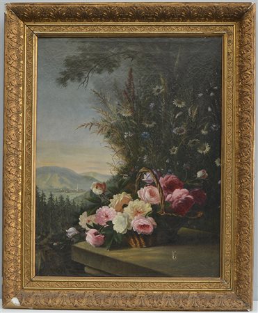 Scuola francese, secolo XIX "Fiori in un paesaggio" olio su tela (cm 70x57)...