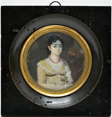 Scuola del secolo XIX "Gentildonna" miniatura su avorio (d. cm 6,5) In...