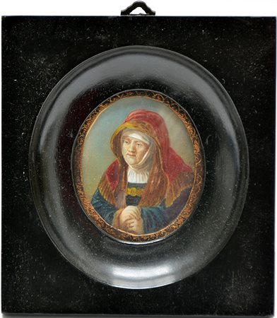 Firma indecifrata secolo XIX "Ritratto di anziana" miniatura ovale su avorio...