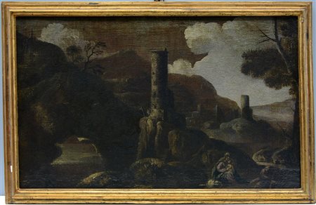 Ignoto "Paesaggio" olio su tela (cm 62,5x100) in cornice (difetti e restauri)