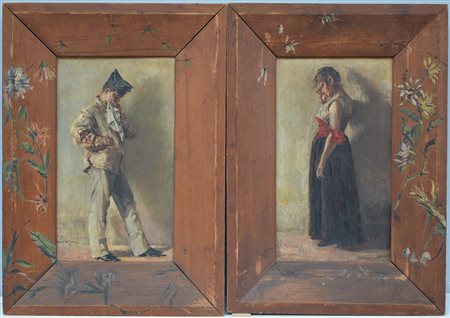 Fine Secolo XIX, "Monello" e "Ragazza pensierosa" coppia di dipinti ad olio...