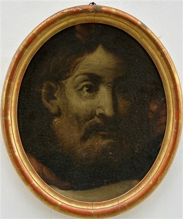 Scuola del secolo XVII "Testa di Golia" frammento ad olio su tela ovale con...
