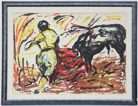 Firma indecifrata, "Corrida" tecnica mista su carta (cm 51x72) firmato in...