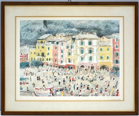 M. Casella "Portofino" litografia a colori firmato in basso a destra, in...