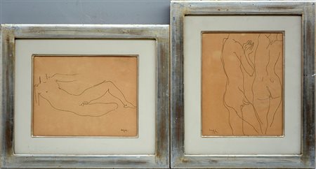 Firma indecifrata, "Senza titolo" coppia di disegni a china su carta intelata...
