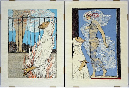 Salvatore Fiume (Comiso 1915 - Milano 1997) "Figure" coppia di litografie su...