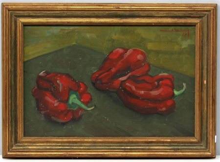 Firma indecifrata "Poivrons sur fond vert" 1967 olio su tela (cm 27x40)...