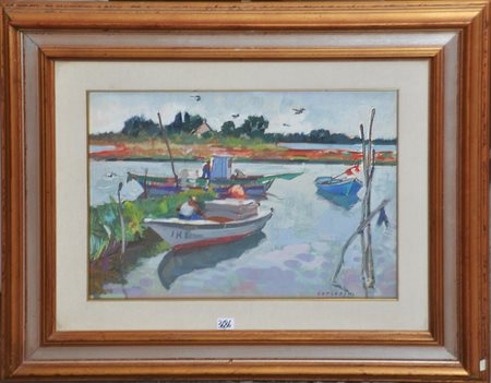 Silvio Consadori (Brescia 1909 - Burano 1994) "Laguna di Grado" tecnica mista...