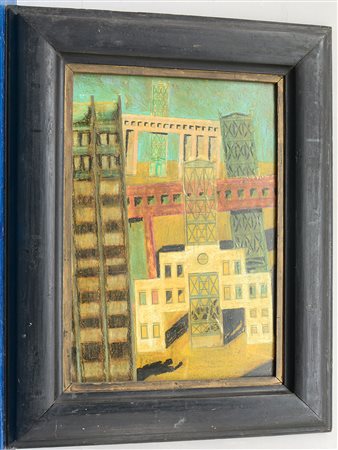 Attilio Pizzigoni (Bergamo 1947) "Composizione urbana" 1986 olio su cartone...
