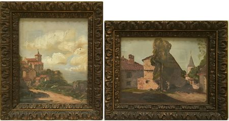 Scuola francese del secolo XIX "Scorci con case e chiesa" due dipinti ad olio...