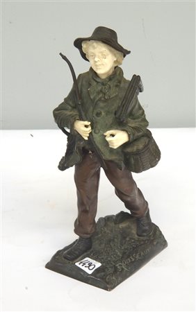 J. Rousseau "Cacciatore" scultura in bronzo con viso e mani crisoelefantine...