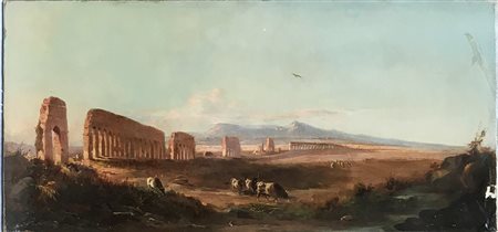 Ignoto "Campagna romana con ruderi dell'acquedotto e armenti" olio su tela...