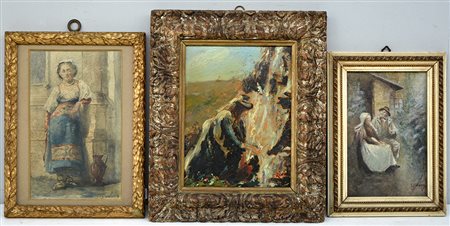 Lotto di due acquerelli ed un olio su cartone raffiguranti personaggi, autori...
