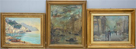 Lotto di tre dipinti ad olio su tela raffiguranti paesaggi, autori e misure...
