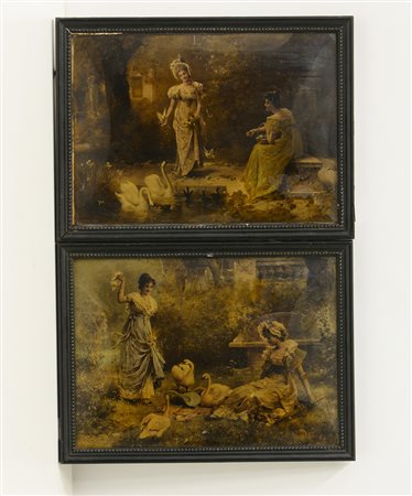 Coppia di oleografie raffiguranti scene ottocentesche con cigni (cm 20x27) In...