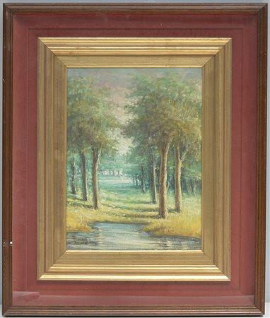 Firma indecifrata, "Paesaggio boschivo" olio su compensato (cm 40x30) firmato...